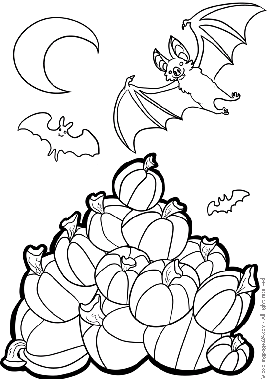 A big pile of Halloween pumpkins, moon as well as bats in the air