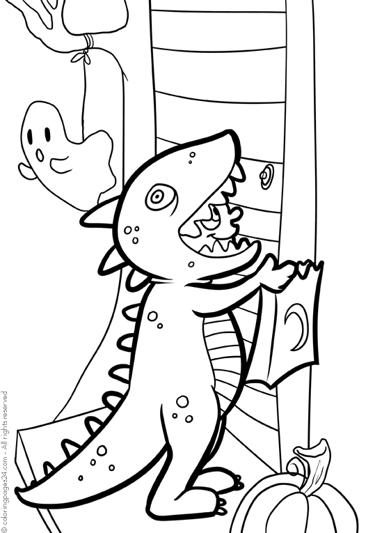 Halloween time. Boy in lizard costume knocking on the door