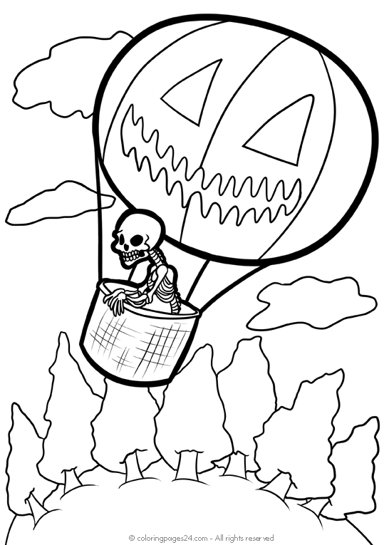 Skeleton rides a hot air balloon