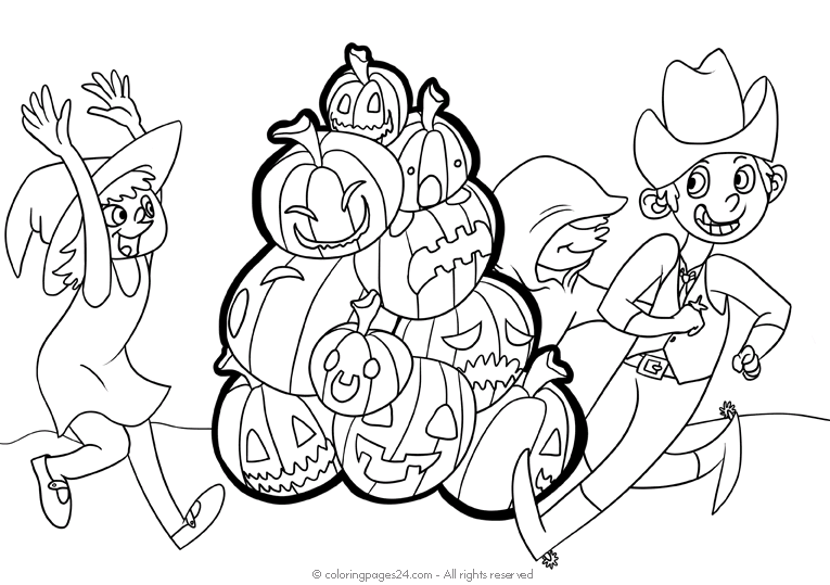 Witch and cowboys dances around a big pile of halloween pumpkins