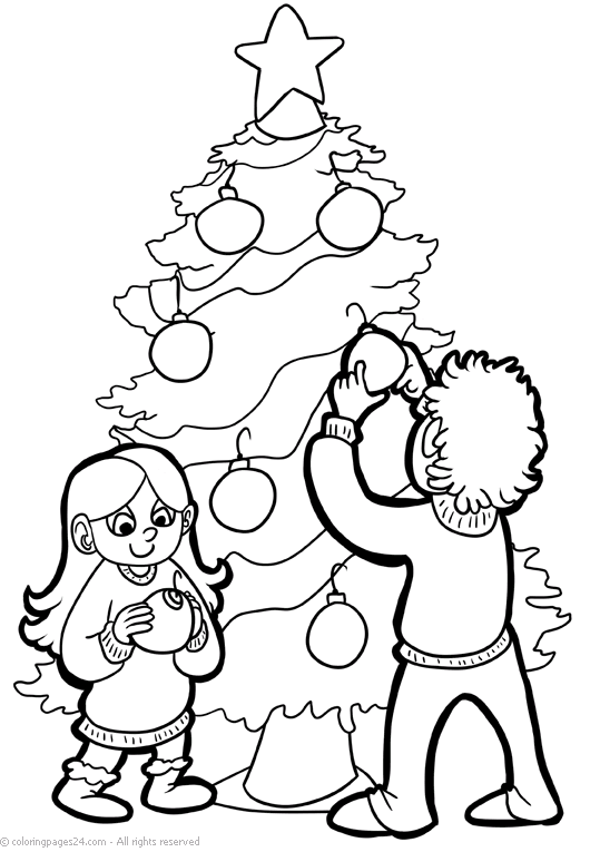 Girl and boy hanging Christmas presents in the Christmas tree.