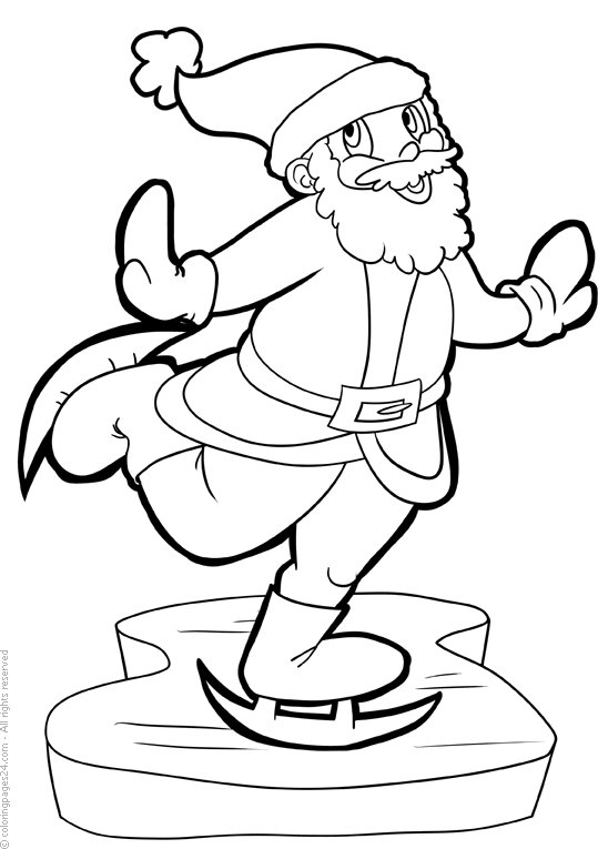 Santa Claus skates and holds out his arms.