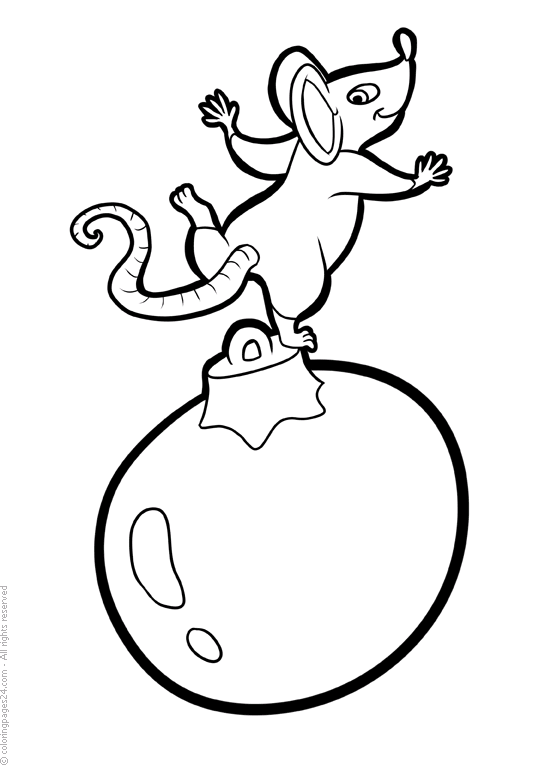 Smiling mouse dancing on a Christmas ball