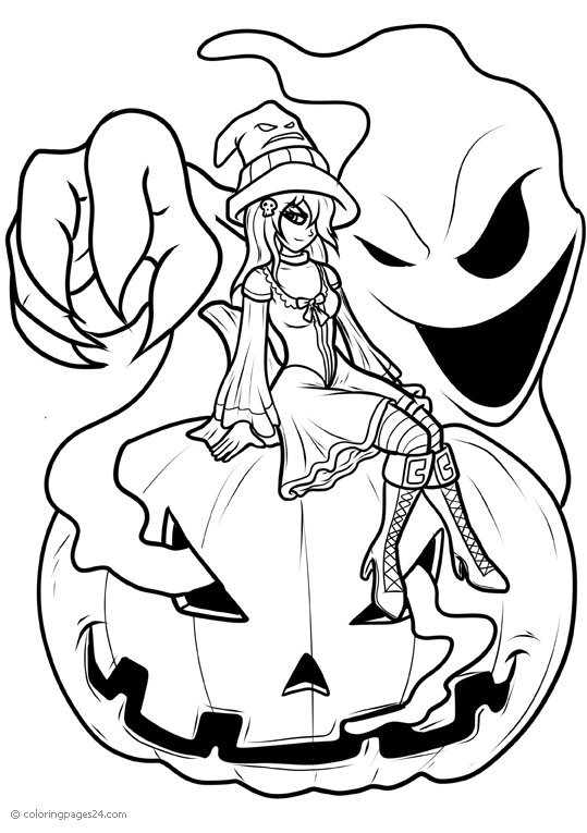 A witch is sitting on a pumpkin