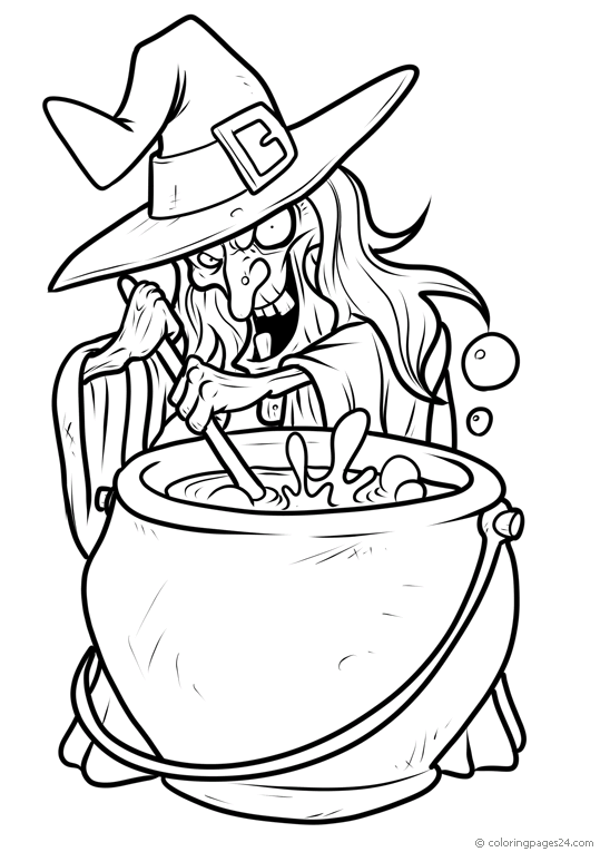 Witch in hat is preparing her stew