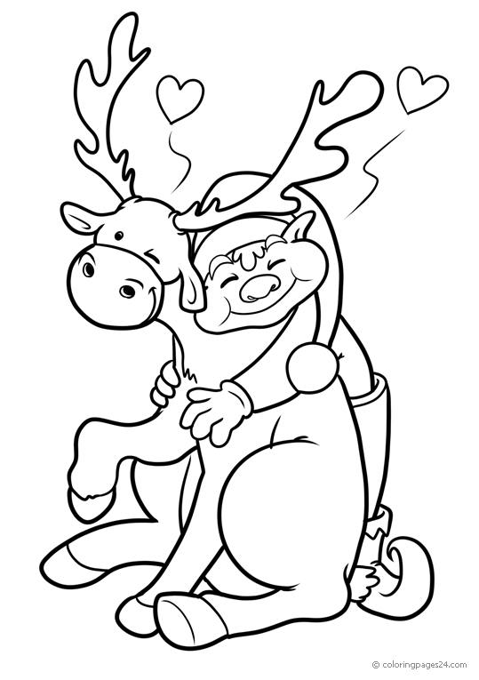 Christmas elves hugs a reindeer
