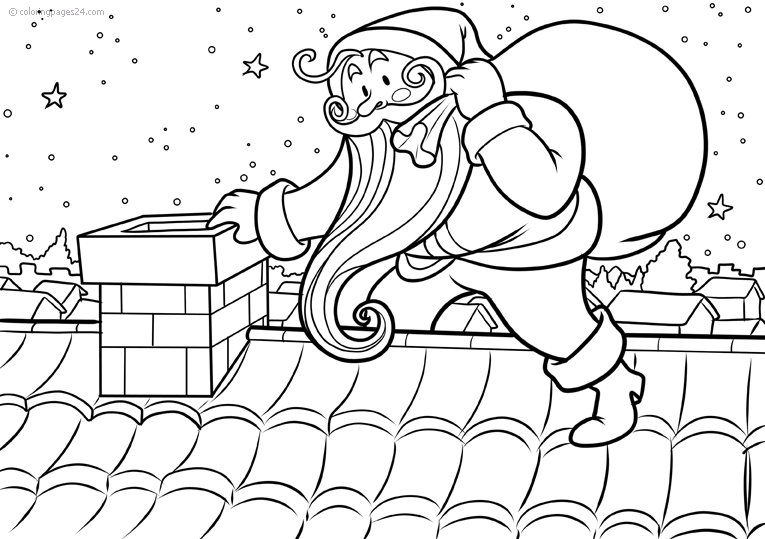 Santa Claus climbs on the roof and is heading down the chimney