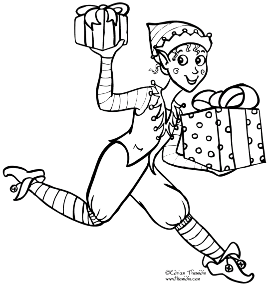 Christmas elves running with Christmas gifts