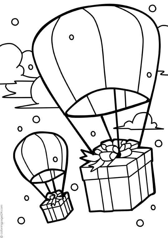 Parachutes with Christmas presents fall from the sky