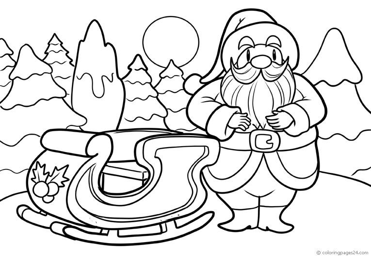 Santa Claus stands in the woods next to his sledge