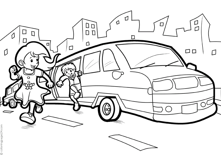 Boy and girl jumping out of a limousine
