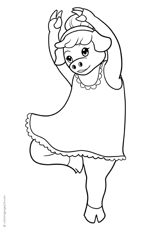 A pig in a dress standing on one leg