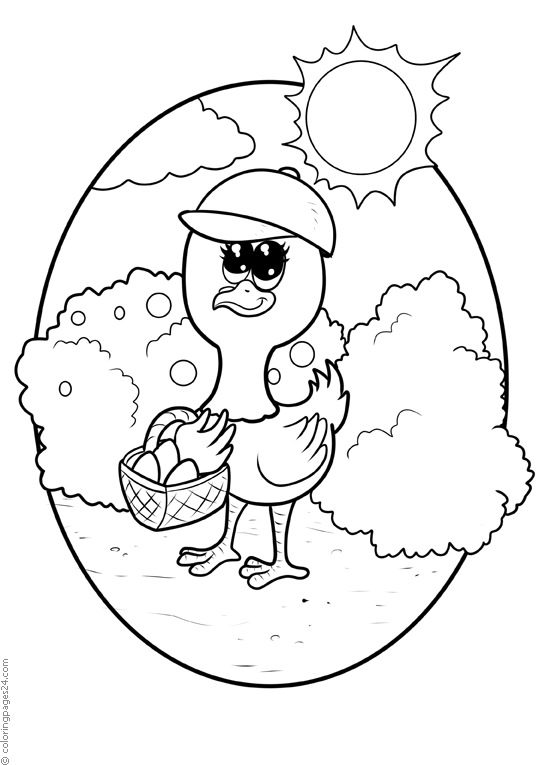 A chicken with a basket fulla of eggs