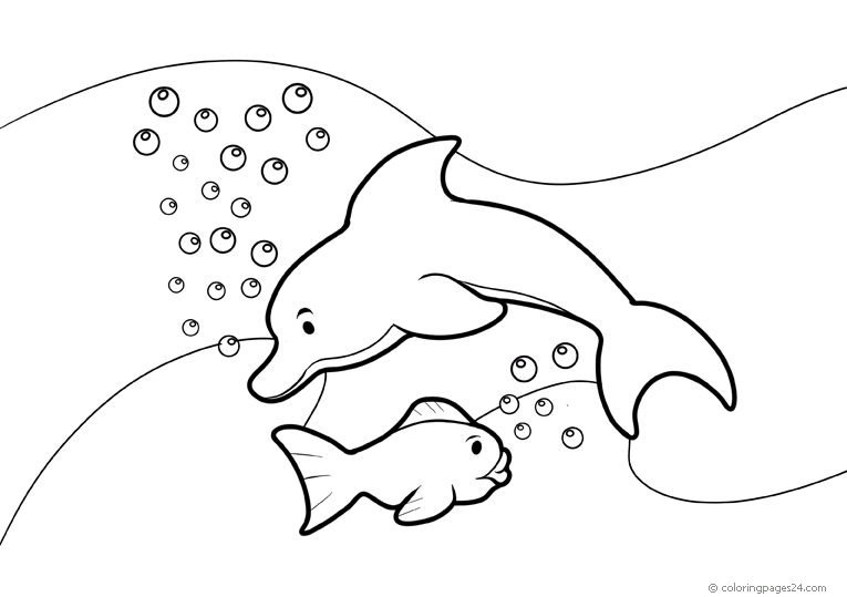 A dolphin and a fish swim in the ocean