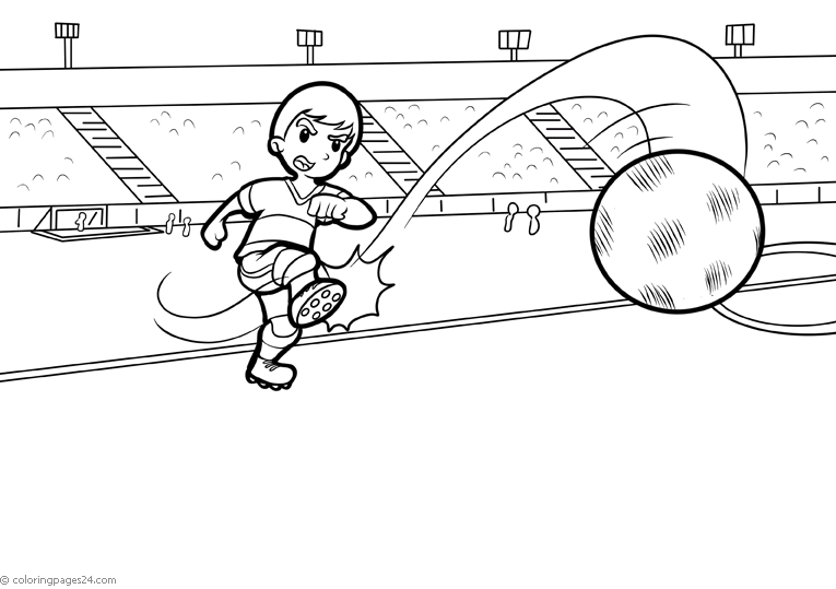A boy in an arena shoots a football away