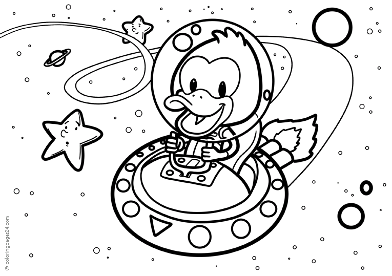 A duck flying a flying saucer out in space