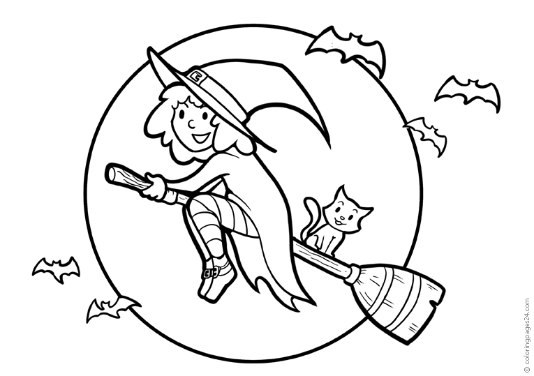 Smiling witch in a hat that flies in the sky