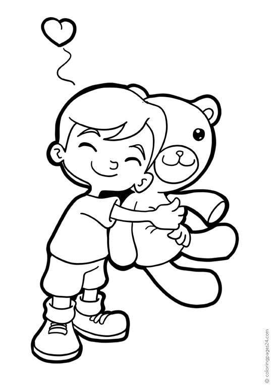 A boy hugs his big teddybear
