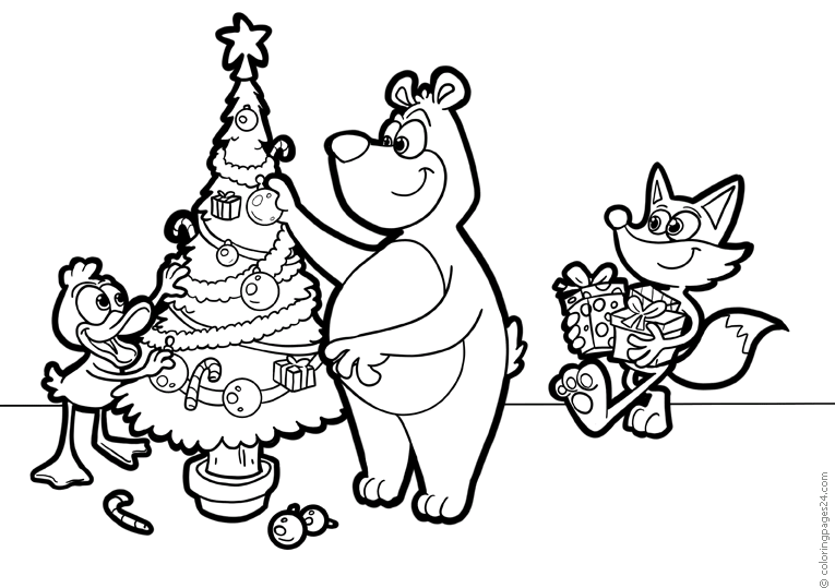 A bear, duck and fox dressing up a Christmas tree