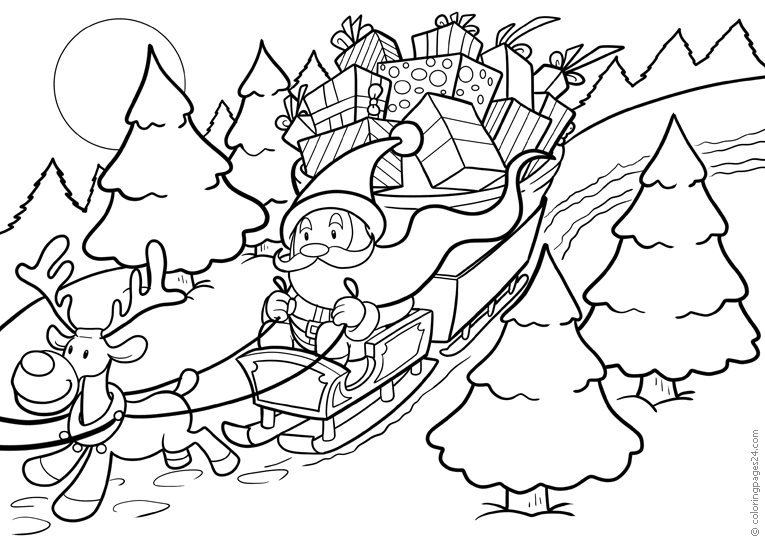 Santa riding his sledge which is packed with Christmas gifts