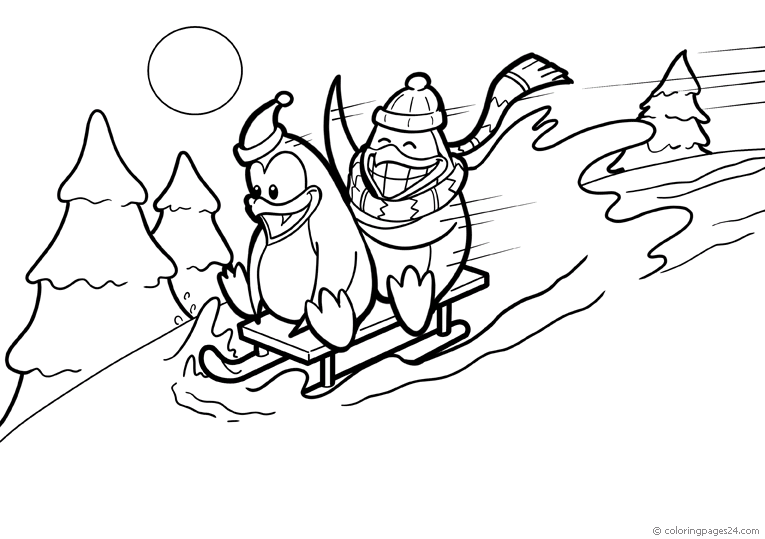 Two penguins having fun on a snow sledge