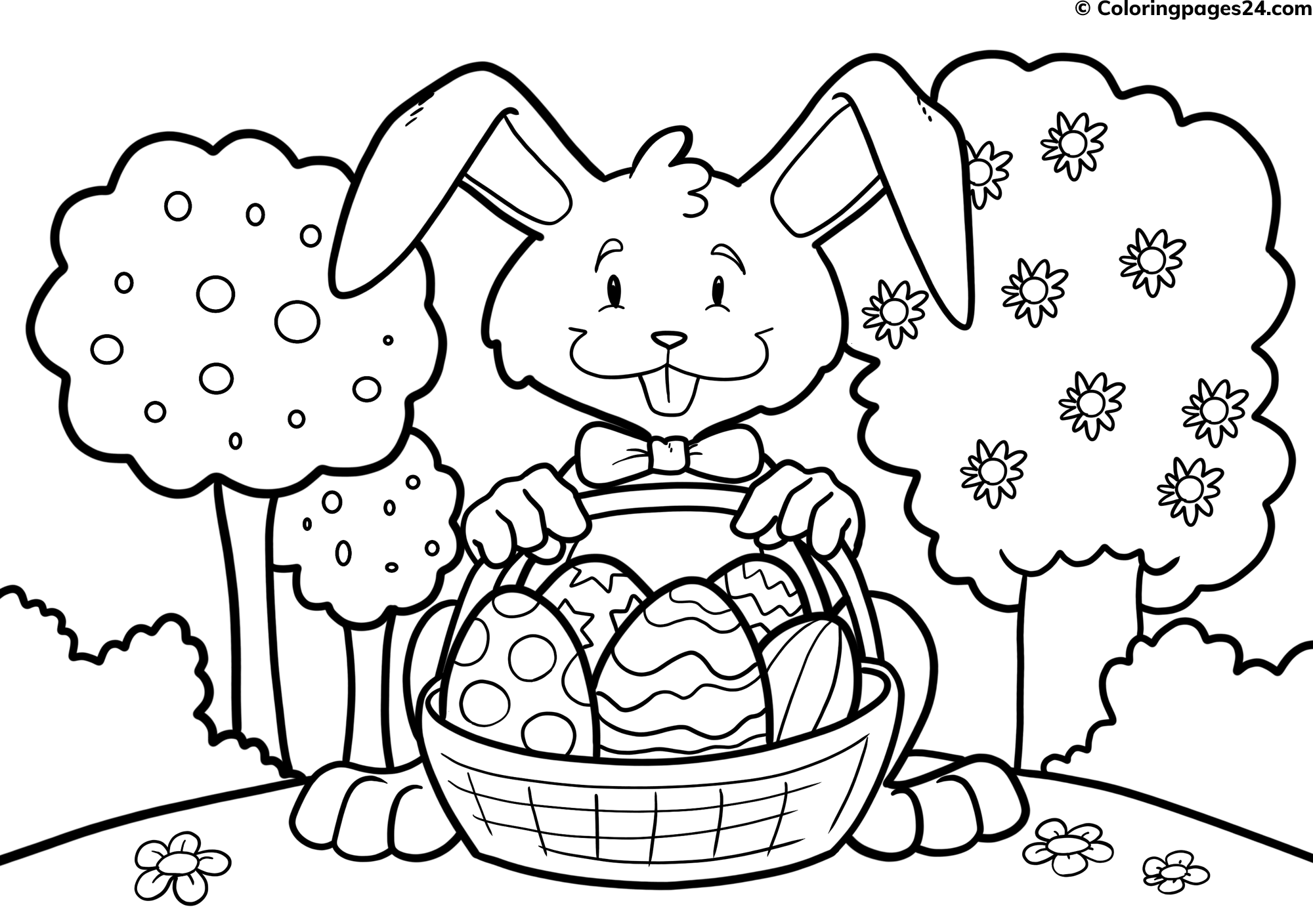 Easter rabbit holding a basket filled with Easter eggs