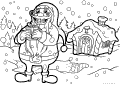 Smiling Santa Claus stands outside a small snowy cottage