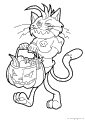 Cat carries a Halloween basket full of fruit