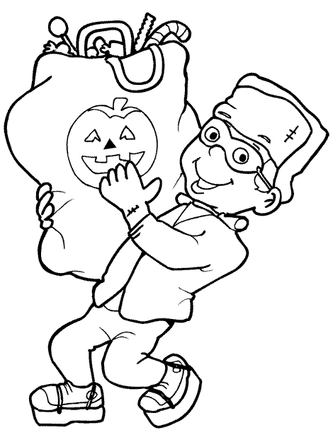 Happy boy with mask carrying a bag which has a Halloween motif.