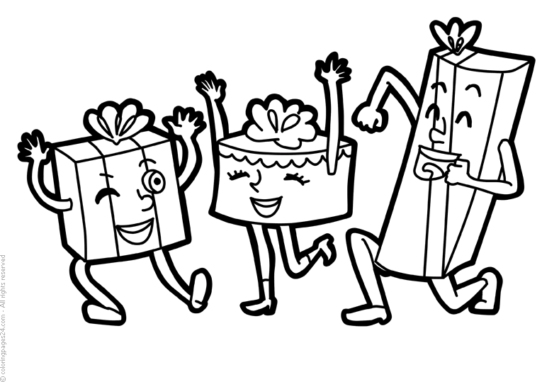 Three dancing presents with arms and legs