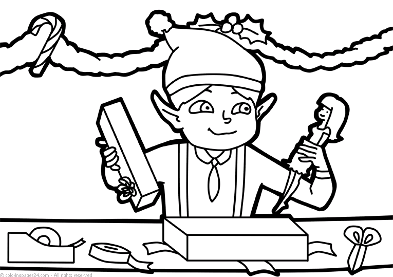 The elf wraps up Christmas presents