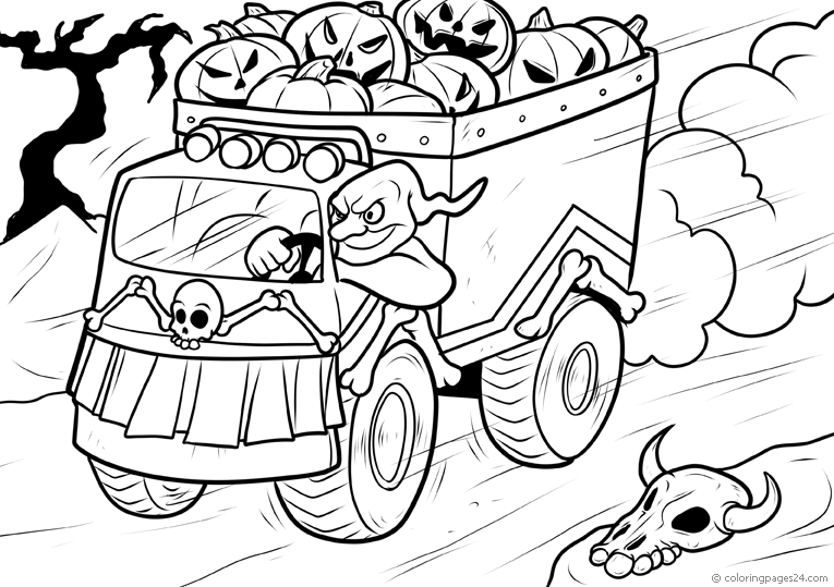 Ghost runs a truck full of Halloween pumpkins. | Coloring Pages 24