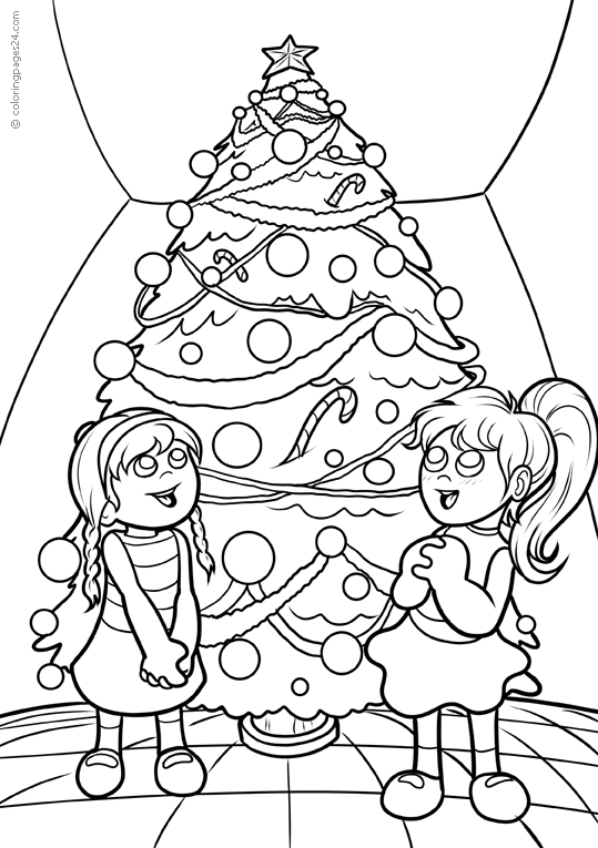 Beautifully decorated Christmas tree with two girls who amazes