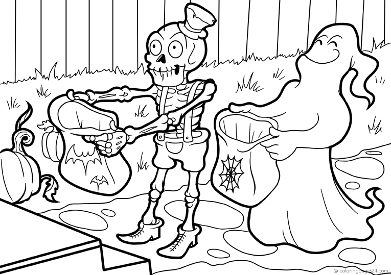 A skeleton and a ghost play trick or treat.