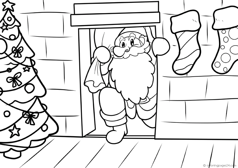 Santa claus coming out of the fire place carrying a bag of Christmas gifts