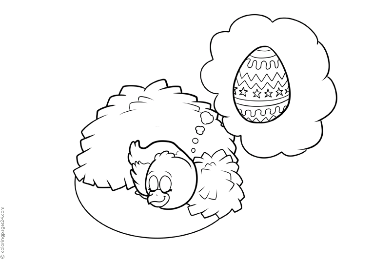 A chicken dreams of nice Easter eggs