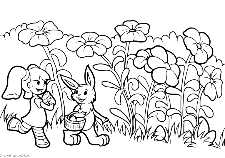 A girl and a bunny are looking for easter eggs