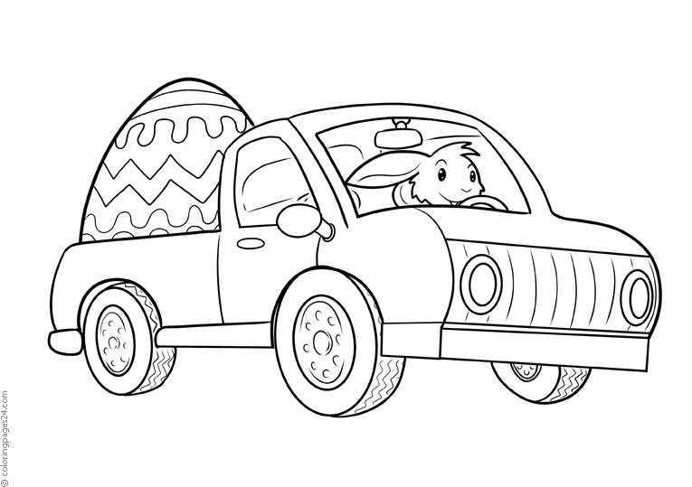 A rabbit drives a car loaded with a big easter egg