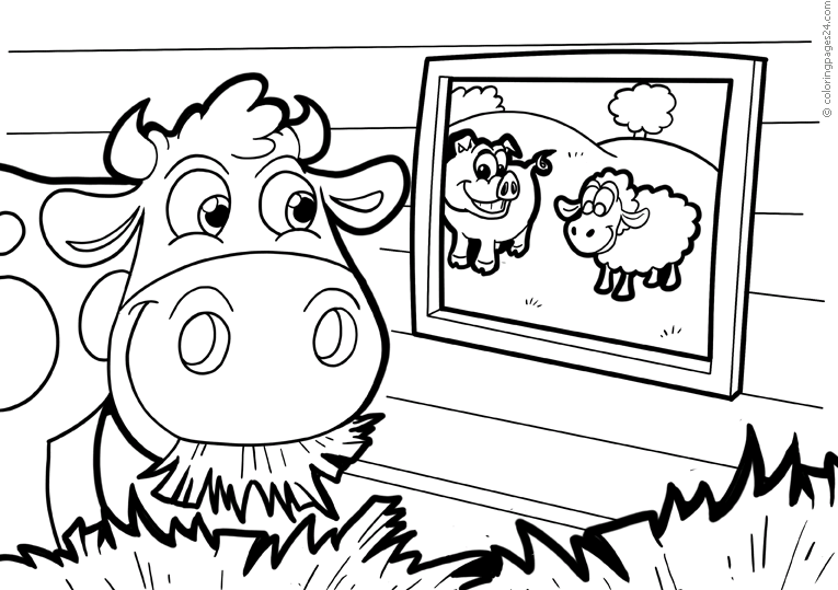 
A cow looks out the window and sees a pig and a sheep.